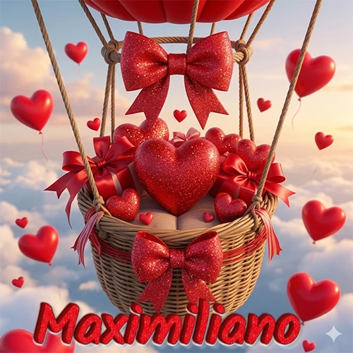 Una canasta de globo aerostático de madera volando en el cielo entre las nubes, cargada de grandes corazones rojos y regalos envueltos con lazos brillantes que expresan libertad y amor. El nombre Maximiliano está escrito en el diseño.