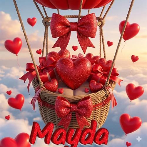 Una canasta de globo aerostático de madera volando en el cielo entre las nubes, cargada de grandes corazones rojos y regalos envueltos con lazos brillantes que expresan libertad y amor. El nombre Mayda está escrito en el diseño.