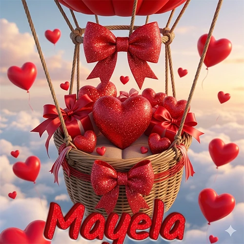 Una canasta de globo aerostático de madera volando en el cielo entre las nubes, cargada de grandes corazones rojos y regalos envueltos con lazos brillantes que expresan libertad y amor. El nombre Mayela está escrito en el diseño.