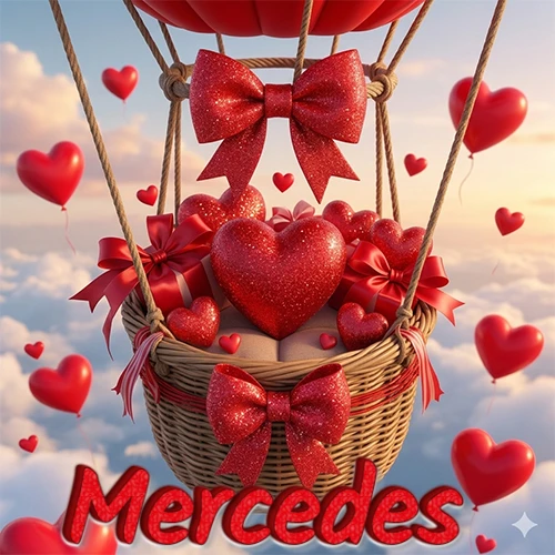 Una canasta de globo aerostático de madera volando en el cielo entre las nubes, cargada de grandes corazones rojos y regalos envueltos con lazos brillantes que expresan libertad y amor. El nombre Mercedes está escrito en el diseño.