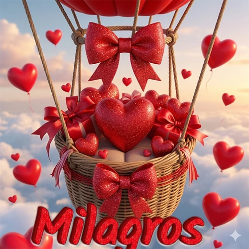 Una canasta de globo aerostático de madera volando en el cielo entre las nubes, cargada de grandes corazones rojos y regalos envueltos con lazos brillantes que expresan libertad y amor. El nombre Milagros está escrito en el diseño.
