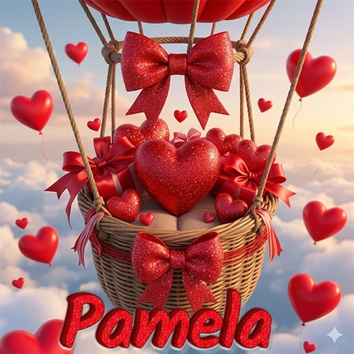 Una canasta de globo aerostático de madera volando en el cielo entre las nubes, cargada de grandes corazones rojos y regalos envueltos con lazos brillantes que expresan libertad y amor. El nombre Pamela está escrito en el diseño.