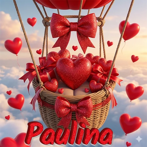 Una canasta de globo aerostático de madera volando en el cielo entre las nubes, cargada de grandes corazones rojos y regalos envueltos con lazos brillantes que expresan libertad y amor. El nombre Paulina está escrito en el diseño.