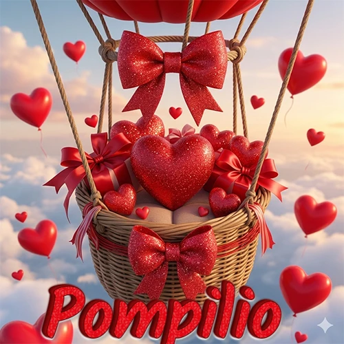 Una canasta de globo aerostático de madera volando en el cielo entre las nubes, cargada de grandes corazones rojos y regalos envueltos con lazos brillantes que expresan libertad y amor. El nombre Pompilio está escrito en el diseño. Una canasta de globo aerostático de madera volando en el cielo entre las nubes, cargada de grandes corazones rojos y regalos envueltos con lazos brillantes que expresan libertad y amor. El nombre Pompilio está escrito en el diseño.