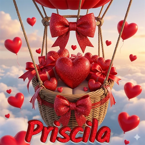 Una canasta de globo aerostático de madera volando en el cielo entre las nubes, cargada de grandes corazones rojos y regalos envueltos con lazos brillantes que expresan libertad y amor. El nombre Priscila está escrito en el diseño.
