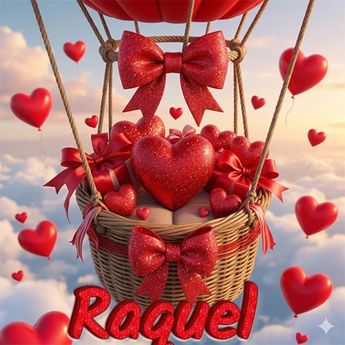 Una canasta de globo aerostático de madera volando en el cielo entre las nubes, cargada de grandes corazones rojos y regalos envueltos con lazos brillantes que expresan libertad y amor. El nombre Raquel está escrito en el diseño.