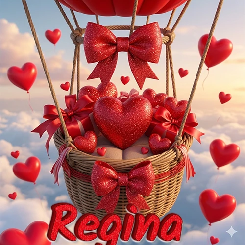 Una canasta de globo aerostático de madera volando en el cielo entre las nubes, cargada de grandes corazones rojos y regalos envueltos con lazos brillantes que expresan libertad y amor. El nombre Regina está escrito en el diseño.