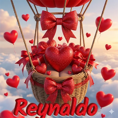 Una canasta de globo aerostático de madera volando en el cielo entre las nubes, cargada de grandes corazones rojos y regalos envueltos con lazos brillantes que expresan libertad y amor. El nombre Reynaldo está escrito en el diseño.