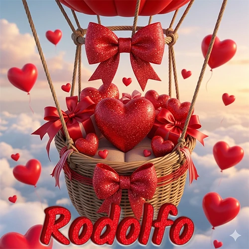 Una canasta de globo aerostático de madera volando en el cielo entre las nubes, cargada de grandes corazones rojos y regalos envueltos con lazos brillantes que expresan libertad y amor. El nombre Rodolfo está escrito en el diseño.