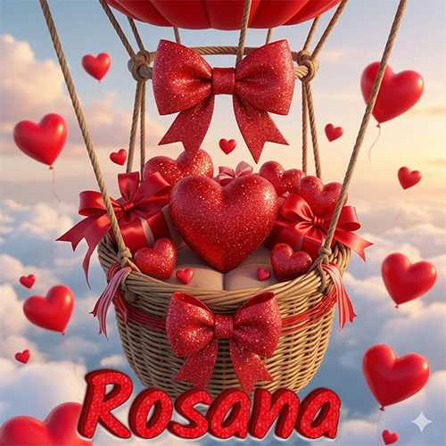 Una canasta de globo aerostático de madera volando en el cielo entre las nubes, cargada de grandes corazones rojos y regalos envueltos con lazos brillantes que expresan libertad y amor. El nombre Rosana está escrito en el diseño.