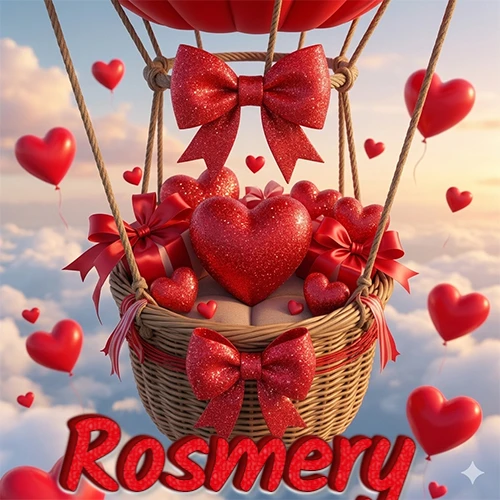 Una canasta de globo aerostático de madera volando en el cielo entre las nubes, cargada de grandes corazones rojos y regalos envueltos con lazos brillantes que expresan libertad y amor. El nombre Rosmery está escrito en el diseño. Una canasta de globo aerostático de madera volando en el cielo entre las nubes, cargada de grandes corazones rojos y regalos envueltos con lazos brillantes que expresan libertad y amor. El nombre Rosmery está escrito en el diseño.