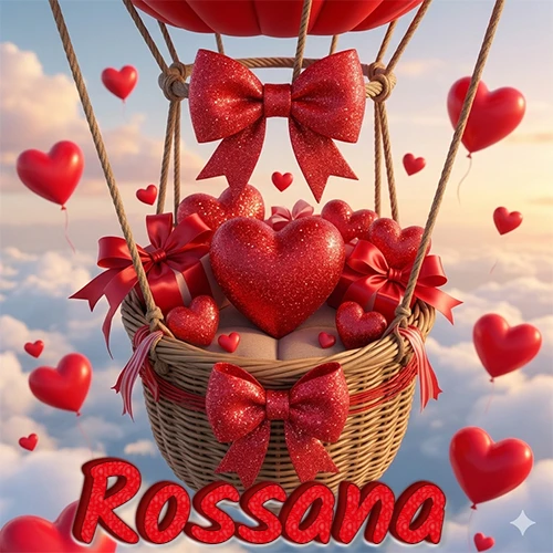 Una canasta de globo aerostático de madera volando en el cielo entre las nubes, cargada de grandes corazones rojos y regalos envueltos con lazos brillantes que expresan libertad y amor. El nombre Rossana está escrito en el diseño.