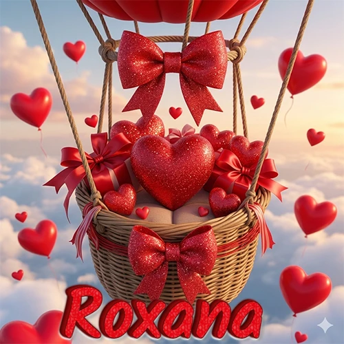 Una canasta de globo aerostático de madera volando en el cielo entre las nubes, cargada de grandes corazones rojos y regalos envueltos con lazos brillantes que expresan libertad y amor. El nombre Roxana está escrito en el diseño. Una canasta de globo aerostático de madera volando en el cielo entre las nubes, cargada de grandes corazones rojos y regalos envueltos con lazos brillantes que expresan libertad y amor. El nombre Roxana está escrito en el diseño.
