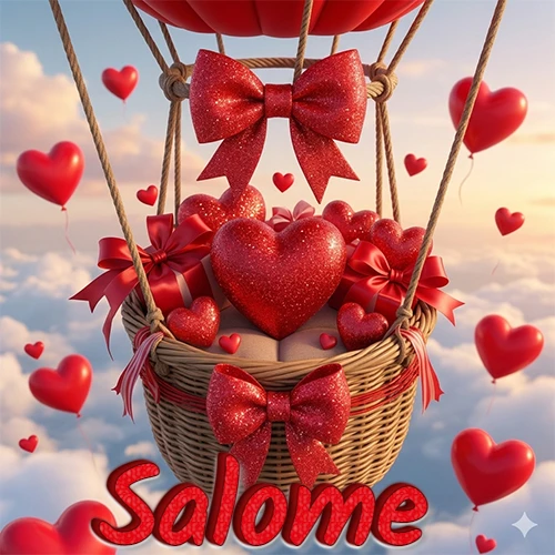 Una canasta de globo aerostático de madera volando en el cielo entre las nubes, cargada de grandes corazones rojos y regalos envueltos con lazos brillantes que expresan libertad y amor. El nombre Salome está escrito en el diseño.