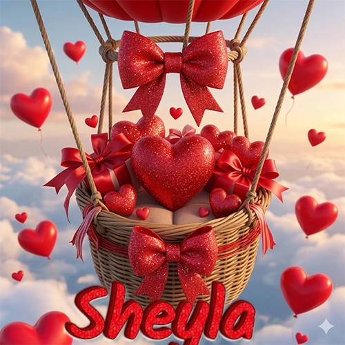 Una canasta de globo aerostático de madera volando en el cielo entre las nubes, cargada de grandes corazones rojos y regalos envueltos con lazos brillantes que expresan libertad y amor. El nombre Sheyla está escrito en el diseño.