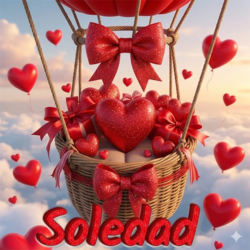 Una canasta de globo aerostático de madera volando en el cielo entre las nubes, cargada de grandes corazones rojos y regalos envueltos con lazos brillantes que expresan libertad y amor. El nombre Soledad está escrito en el diseño. Una canasta de globo aerostático de madera volando en el cielo entre las nubes, cargada de grandes corazones rojos y regalos envueltos con lazos brillantes que expresan libertad y amor. El nombre Soledad está escrito en el diseño.