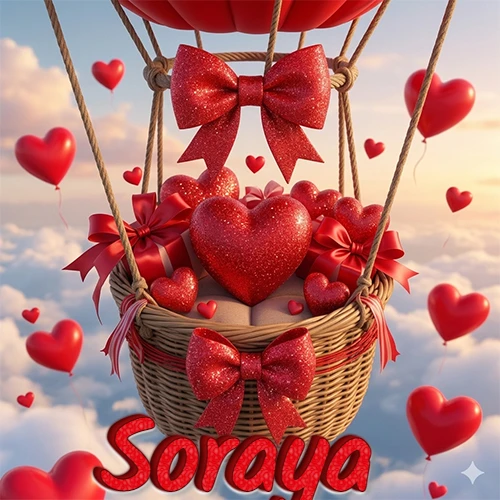 Una canasta de globo aerostático de madera volando en el cielo entre las nubes, cargada de grandes corazones rojos y regalos envueltos con lazos brillantes que expresan libertad y amor. El nombre Soraya está escrito en el diseño.