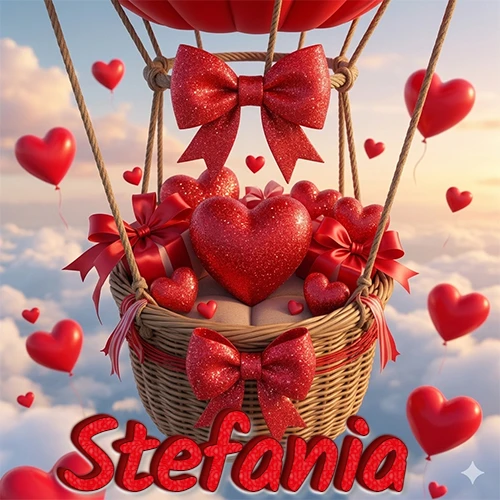 Una canasta de globo aerostático de madera volando en el cielo entre las nubes, cargada de grandes corazones rojos y regalos envueltos con lazos brillantes que expresan libertad y amor. El nombre Stefania está escrito en el diseño. Una canasta de globo aerostático de madera volando en el cielo entre las nubes, cargada de grandes corazones rojos y regalos envueltos con lazos brillantes que expresan libertad y amor. El nombre Stefania está escrito en el diseño.