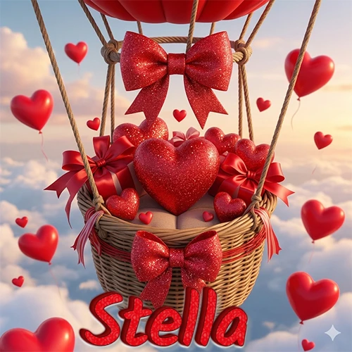 Una canasta de globo aerostático de madera volando en el cielo entre las nubes, cargada de grandes corazones rojos y regalos envueltos con lazos brillantes que expresan libertad y amor. El nombre Stella está escrito en el diseño.