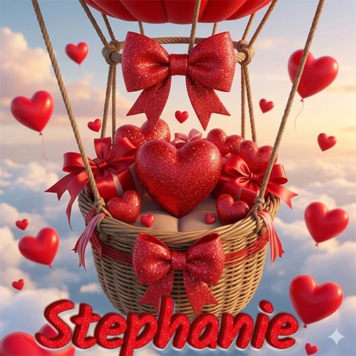 Una canasta de globo aerostático de madera volando en el cielo entre las nubes, cargada de grandes corazones rojos y regalos envueltos con lazos brillantes que expresan libertad y amor. El nombre Stephanie está escrito en el diseño.