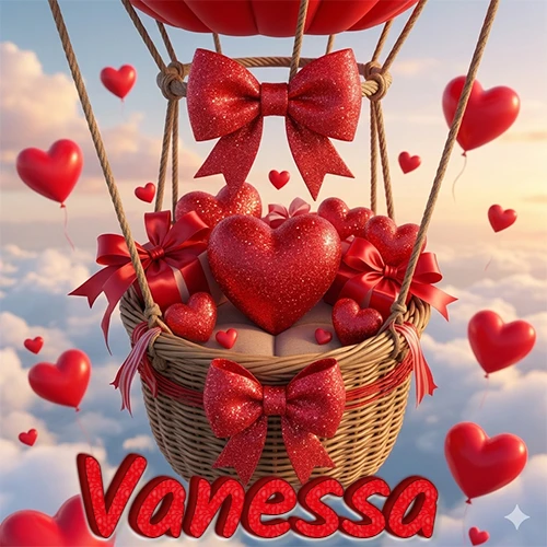 Una canasta de globo aerostático de madera volando en el cielo entre las nubes, cargada de grandes corazones rojos y regalos envueltos con lazos brillantes que expresan libertad y amor. El nombre Vanessa está escrito en el diseño.