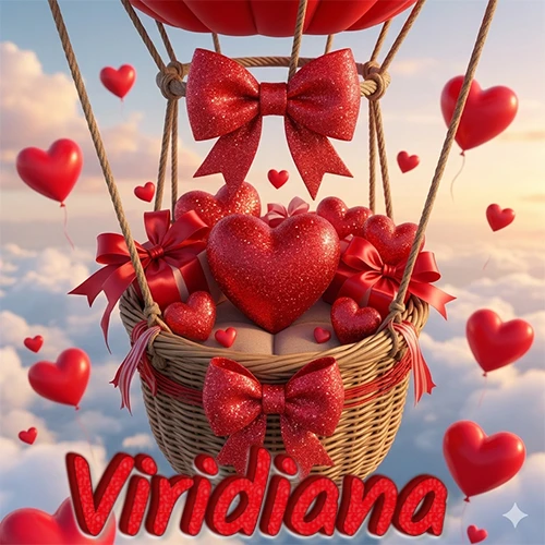 Una canasta de globo aerostático de madera volando en el cielo entre las nubes, cargada de grandes corazones rojos y regalos envueltos con lazos brillantes que expresan libertad y amor. El nombre Viridiana está escrito en el diseño. Una canasta de globo aerostático de madera volando en el cielo entre las nubes, cargada de grandes corazones rojos y regalos envueltos con lazos brillantes que expresan libertad y amor. El nombre Viridiana está escrito en el diseño.