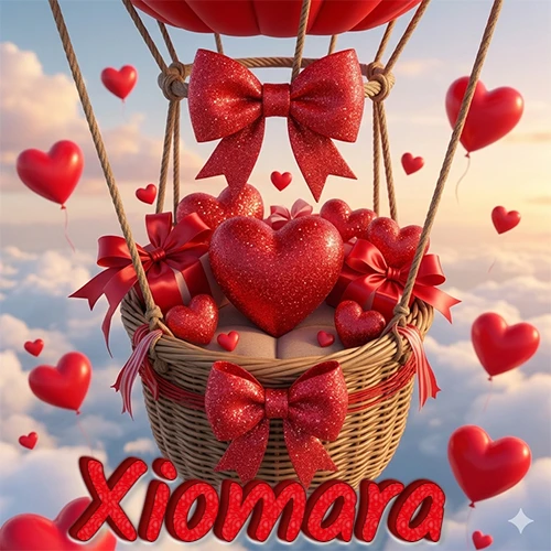 Una canasta de globo aerostático de madera volando en el cielo entre las nubes, cargada de grandes corazones rojos y regalos envueltos con lazos brillantes que expresan libertad y amor. El nombre Xiomara está escrito en el diseño.