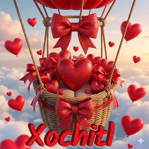 Una canasta de globo aerostático de madera volando en el cielo entre las nubes, cargada de grandes corazones rojos y regalos envueltos con lazos brillantes que expresan libertad y amor. El nombre Xochitl está escrito en el diseño.
