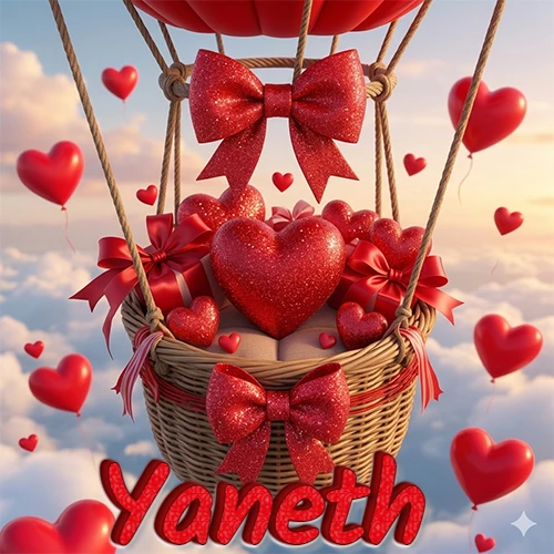 Una canasta de globo aerostático de madera volando en el cielo entre las nubes, cargada de grandes corazones rojos y regalos envueltos con lazos brillantes que expresan libertad y amor. El nombre Yaneth está escrito en el diseño. Una canasta de globo aerostático de madera volando en el cielo entre las nubes, cargada de grandes corazones rojos y regalos envueltos con lazos brillantes que expresan libertad y amor. El nombre Yaneth está escrito en el diseño.