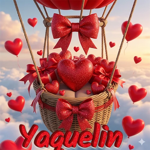 Una canasta de globo aerostático de madera volando en el cielo entre las nubes, cargada de grandes corazones rojos y regalos envueltos con lazos brillantes que expresan libertad y amor. El nombre Yaquelin está escrito en el diseño.