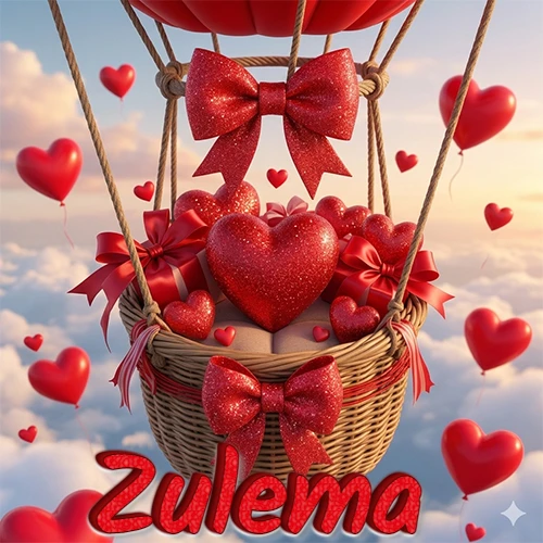 Una canasta de globo aerostático de madera volando en el cielo entre las nubes, cargada de grandes corazones rojos y regalos envueltos con lazos brillantes que expresan libertad y amor. El nombre Zulema está escrito en el diseño. Una canasta de globo aerostático de madera volando en el cielo entre las nubes, cargada de grandes corazones rojos y regalos envueltos con lazos brillantes que expresan libertad y amor. El nombre Zulema está escrito en el diseño.