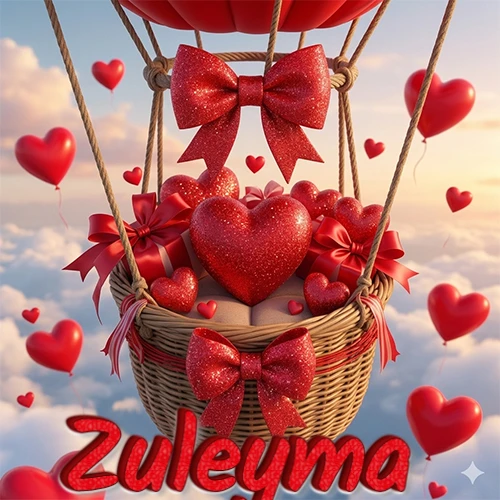 Una canasta de globo aerostático de madera volando en el cielo entre las nubes, cargada de grandes corazones rojos y regalos envueltos con lazos brillantes que expresan libertad y amor. El nombre Zuleyma está escrito en el diseño.