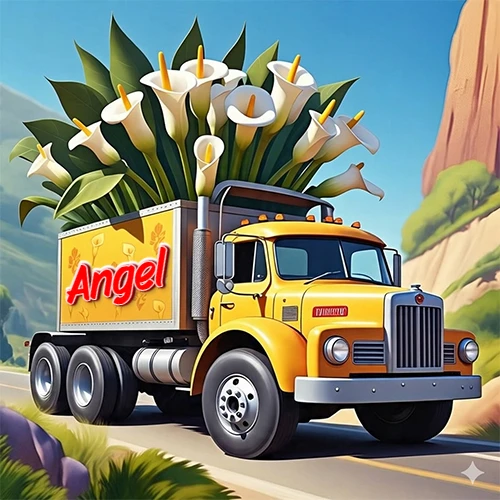 Un camión amarillo brillante de estilo clásico que circula por una carretera de montaña, cargado con un enorme ramo de flores de cala blancas de gran tamaño que llenan su caja y se desbordan hacia el cielo. El nombre Angel está escrito en el diseño.