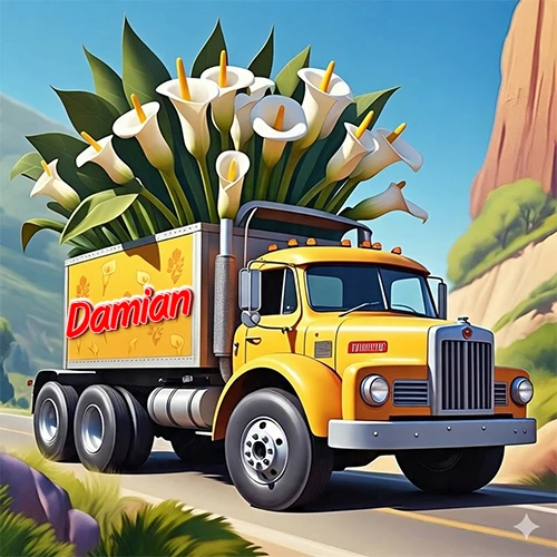 Un camión amarillo brillante de estilo clásico que circula por una carretera de montaña, cargado con un enorme ramo de flores de cala blancas de gran tamaño que llenan su caja y se desbordan hacia el cielo. El nombre Damian está escrito en el diseño. Un camión amarillo brillante de estilo clásico que circula por una carretera de montaña, cargado con un enorme ramo de flores de cala blancas de gran tamaño que llenan su caja y se desbordan hacia el cielo. El nombre Damian está escrito en el diseño.