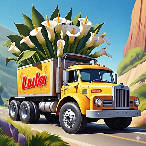 Un camión amarillo brillante de estilo clásico que circula por una carretera de montaña, cargado con un enorme ramo de flores de cala blancas de gran tamaño que llenan su caja y se desbordan hacia el cielo. El nombre Lula está escrito en el diseño.