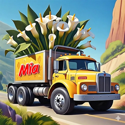 Un camión amarillo brillante de estilo clásico que circula por una carretera de montaña, cargado con un enorme ramo de flores de cala blancas de gran tamaño que llenan su caja y se desbordan hacia el cielo. El nombre Mia está escrito en el diseño.