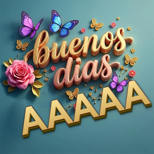 Fondo azul cielo con rosas rosadas y mariposas de colores, frase 'Buenos Días' en dorado 3D, nombre en dorado cursiva abajo. Nombre personalizado: AAAAA.
