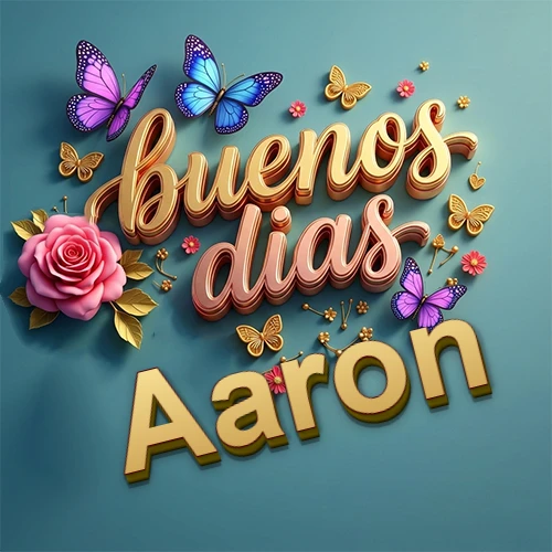 Fondo azul cielo con rosas rosadas y mariposas de colores, frase 'Buenos Días' en dorado 3D, nombre en dorado cursiva abajo. Nombre personalizado: Aaron.