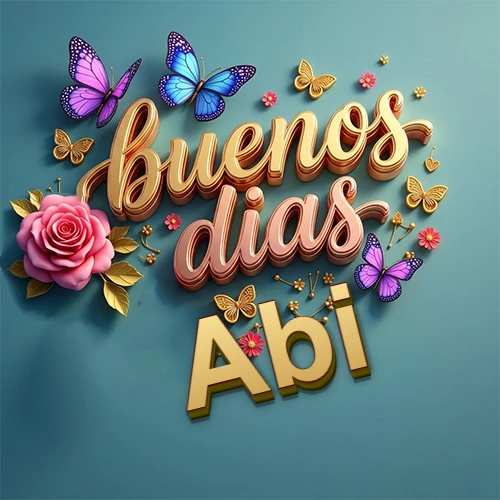 Fondo azul cielo con rosas rosadas y mariposas de colores, frase 'Buenos Días' en dorado 3D, nombre en dorado cursiva abajo. Nombre personalizado: Abi.