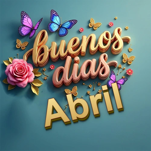 Fondo azul cielo con rosas rosadas y mariposas de colores, frase 'Buenos Días' en dorado 3D, nombre en dorado cursiva abajo. Nombre personalizado: Abril.
