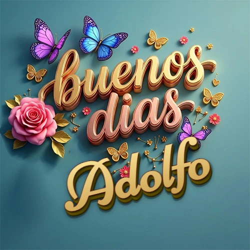 Fondo azul cielo con rosas rosadas y mariposas de colores, frase 'Buenos Días' en dorado 3D, nombre en dorado cursiva abajo. Nombre personalizado: Adolfo.