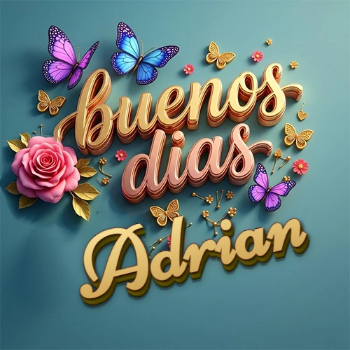 Fondo azul cielo con rosas rosadas y mariposas de colores, frase 'Buenos Días' en dorado 3D, nombre en dorado cursiva abajo. Nombre personalizado: Adrian.