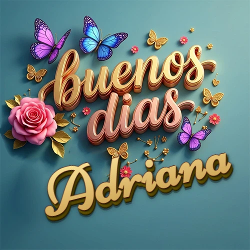 Fondo azul cielo con rosas rosadas y mariposas de colores, frase 'Buenos Días' en dorado 3D, nombre en dorado cursiva abajo. Nombre personalizado: Adriana.