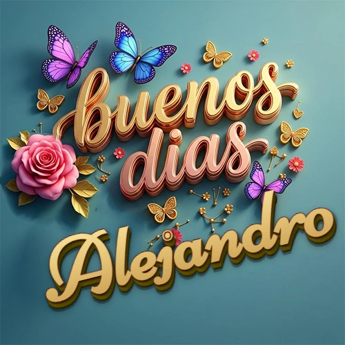Fondo azul cielo con rosas rosadas y mariposas de colores, frase 'Buenos Días' en dorado 3D, nombre en dorado cursiva abajo. Nombre personalizado: Alejandro.