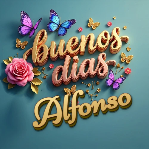Fondo azul cielo con rosas rosadas y mariposas de colores, frase 'Buenos Días' en dorado 3D, nombre en dorado cursiva abajo. Nombre personalizado: Alfonso.