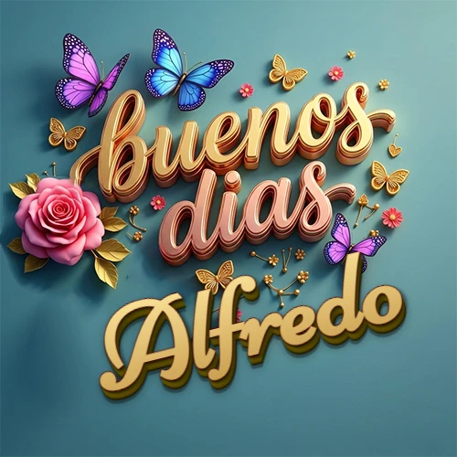 Fondo azul cielo con rosas rosadas y mariposas de colores, frase 'Buenos Días' en dorado 3D, nombre en dorado cursiva abajo. Nombre personalizado: Alfredo.