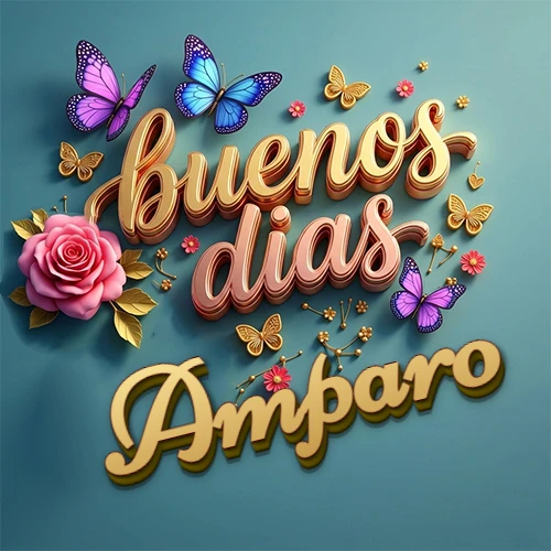 Fondo azul cielo con rosas rosadas y mariposas de colores, frase 'Buenos Días' en dorado 3D, nombre en dorado cursiva abajo. Nombre personalizado: Amparo.