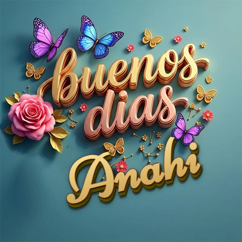 Fondo azul cielo con rosas rosadas y mariposas de colores, frase 'Buenos Días' en dorado 3D, nombre en dorado cursiva abajo. Nombre personalizado: Anahi.