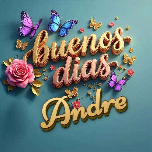 Fondo azul cielo con rosas rosadas y mariposas de colores, frase 'Buenos Días' en dorado 3D, nombre en dorado cursiva abajo. Nombre personalizado: Andre.