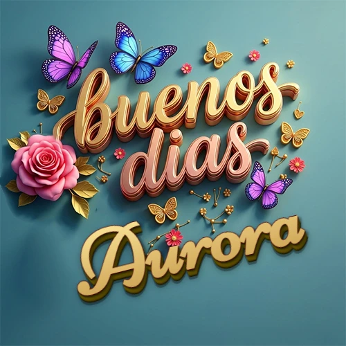 Fondo azul cielo con rosas rosadas y mariposas de colores, frase 'Buenos Días' en dorado 3D, nombre en dorado cursiva abajo. Nombre personalizado: Aurora.